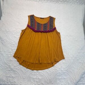 Hannah Mustard Yellow Embroidered Sleeveless Top XL Boho Fringe High Low Hem